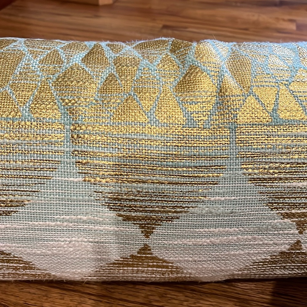 Gorgeous XL boho gold and blue tasseled lumbar pillow from Anthropologie